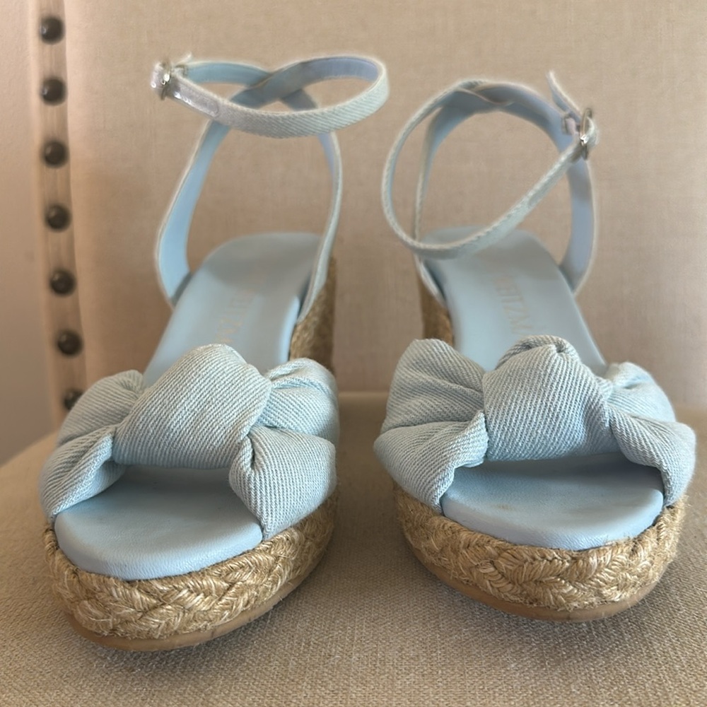 Stuart Weitzman Women’s Playa Espadrille Wedge Bow Sandals Blue Tan Size 8.5 - Picture 7 of 10